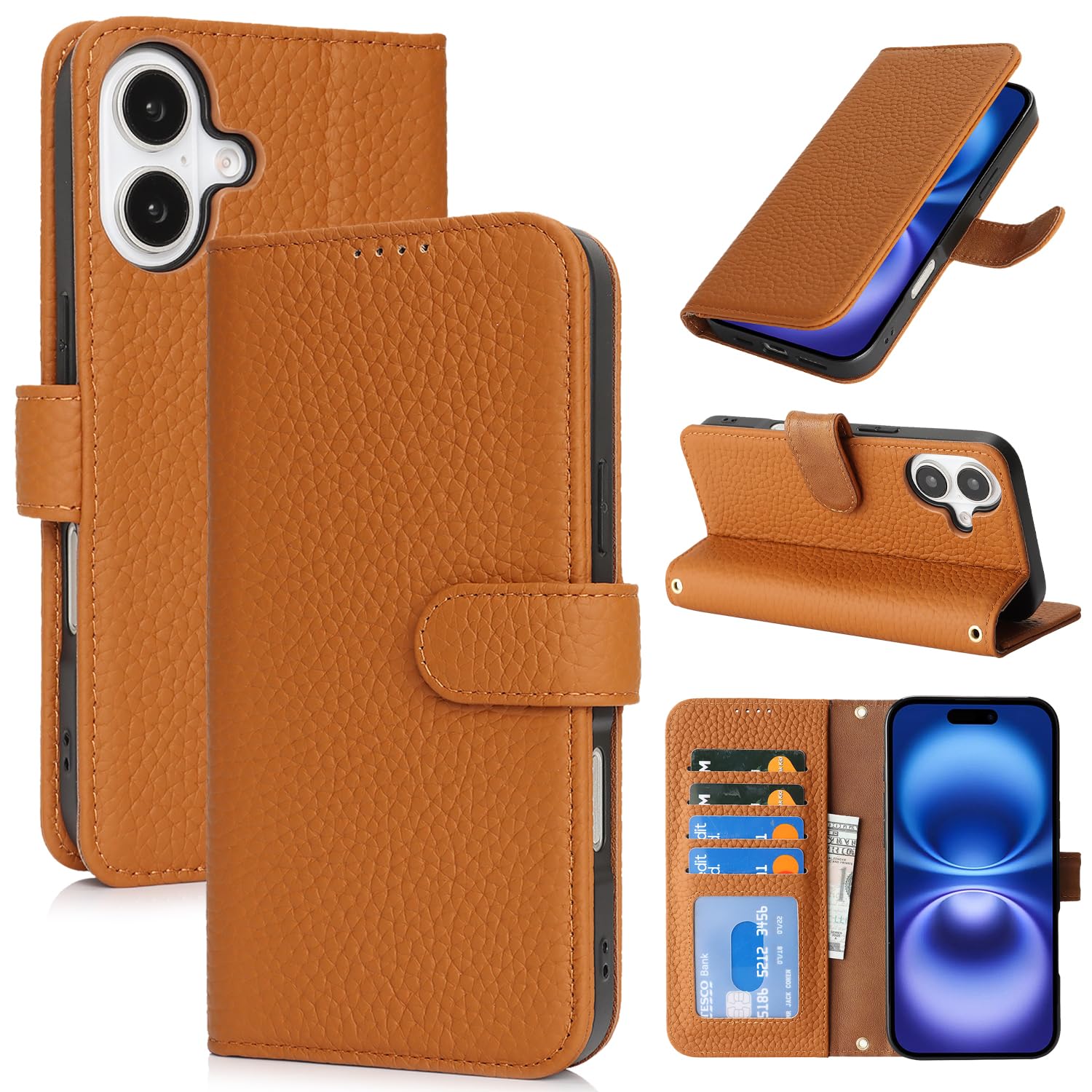 Zouzt Leather Wallet Case for iPhone 16, 4 Card Slot, Amber