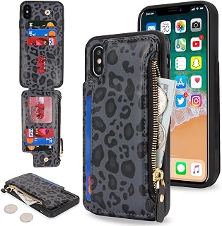 SailorTech iphone xs max case with credit card holder for men iphone xs max case with credit card slots wallet case zipper women leopard black