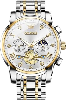 OLEVS Men Watches Stainless Steel Chronograph Watch, Large Wrist Analog Quartz Watch, Fashion Waterproof Diamond Roman Numerals Dress Watches for Men, Gold/Black/White/Blue/Grey Dial
