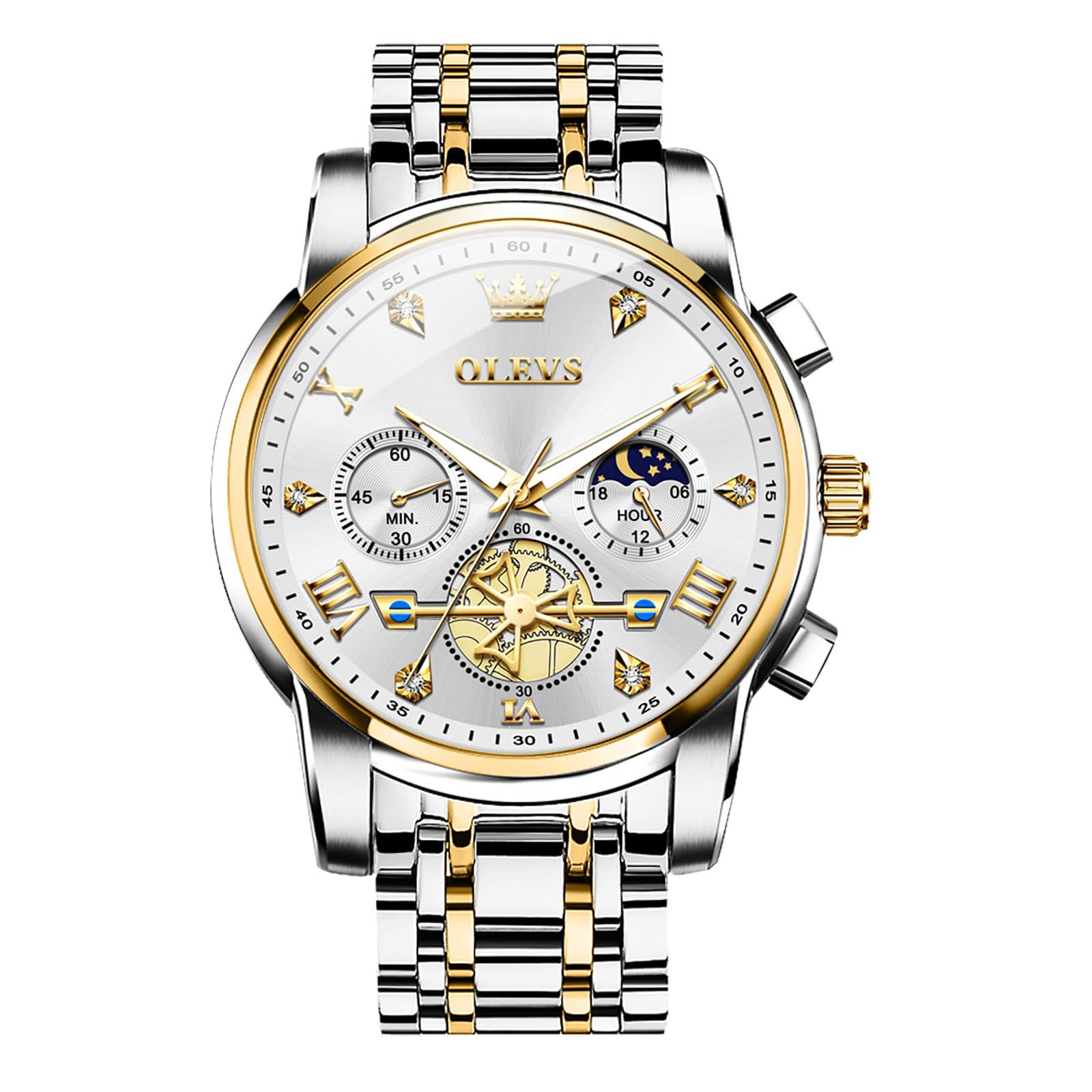 OLEVS Men Watches Stainless Steel Chronograph Watch, Large Wrist Analog Quartz W