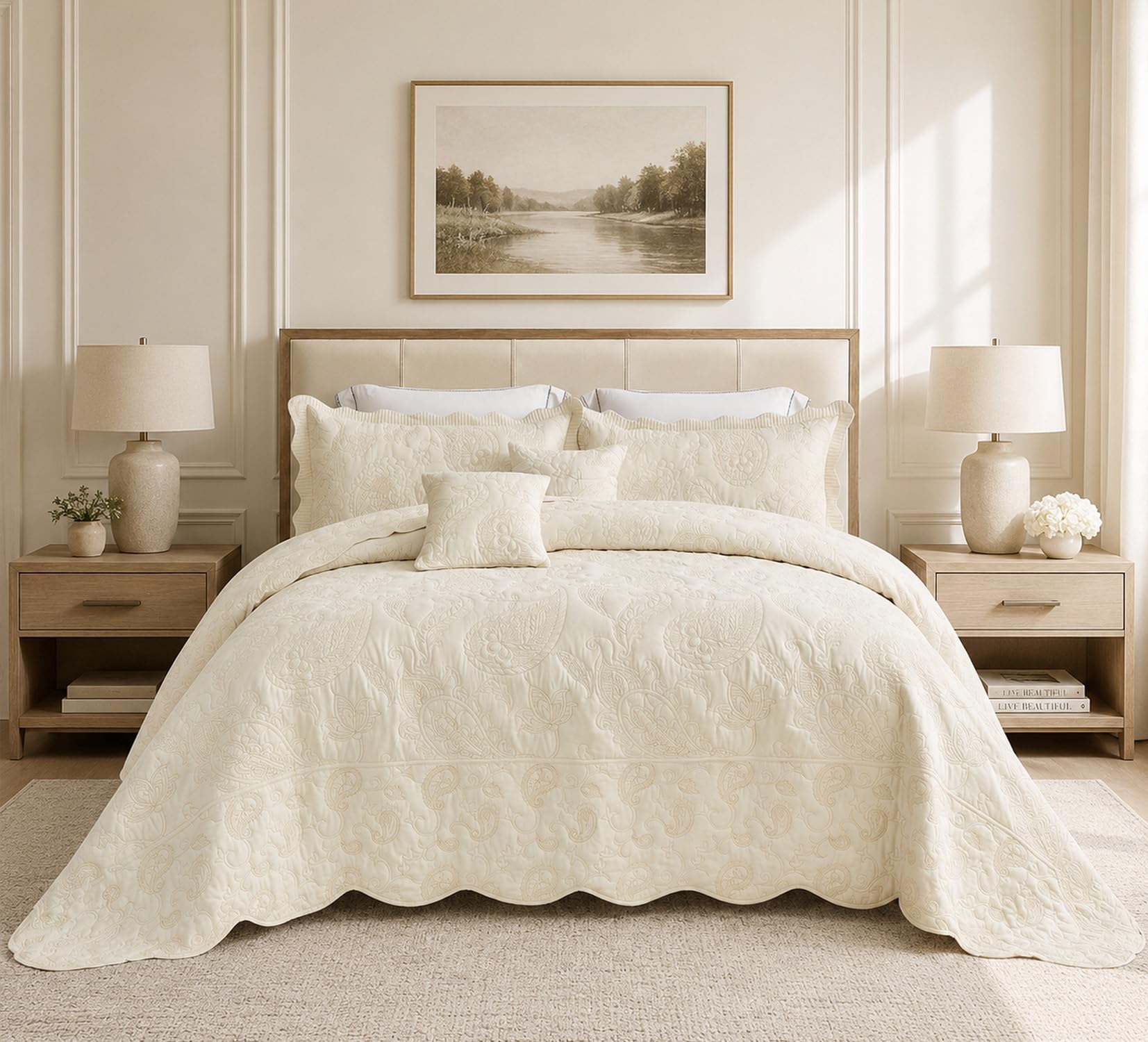 HZ & HY Oversized King Bedspreads 128x120, Stitched Paisley, Ivory Yellow | Extr