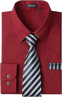 HISDERN Herren Hemd Langarm Einfarbige Hemden mit Krawatte und Taschentuch Formelle Businesshemd Hochzeit Freizeithemd mit Brusttasche Regular Fit