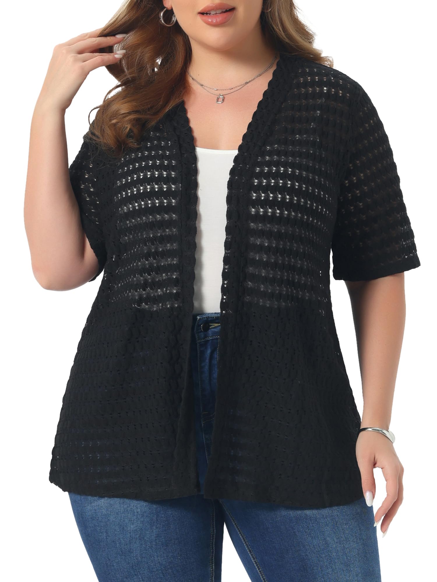Agnes Orinda Plus Size Summer Cardigan for Women Lace Short Sleeve Cardigans Lig