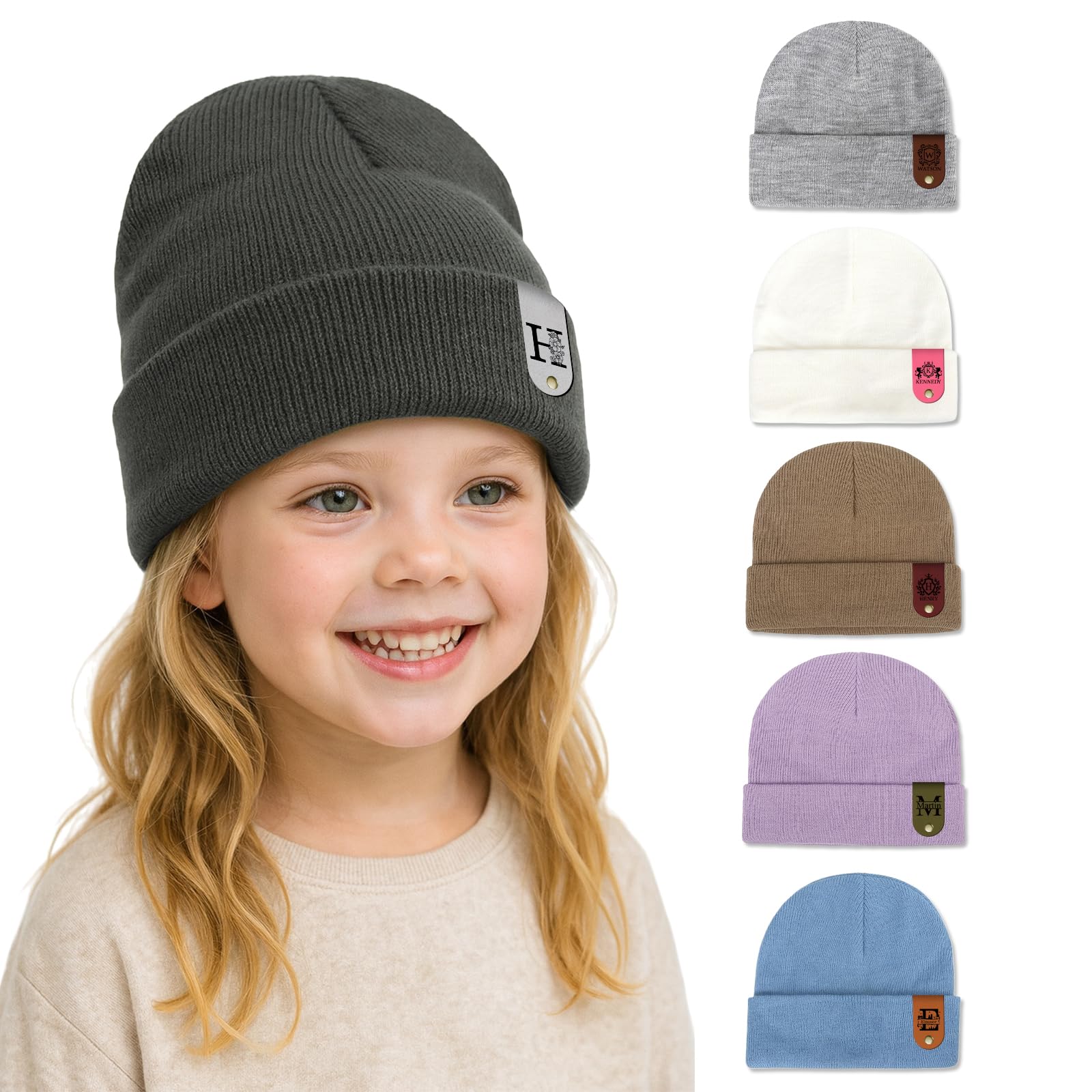 Custom Leather Patch Beanie Hat, 18 Colors Knit Hat for Kids Adults Gifts | Pers