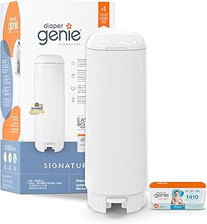 Diaper Genie Signature Diaper Pail, Easy Roll Refill, 30 Bags, White | Hands-free odour-locking diaper disposal pail includes Easy Roll tear-off bags holding up to 1410 newborn diapers.
