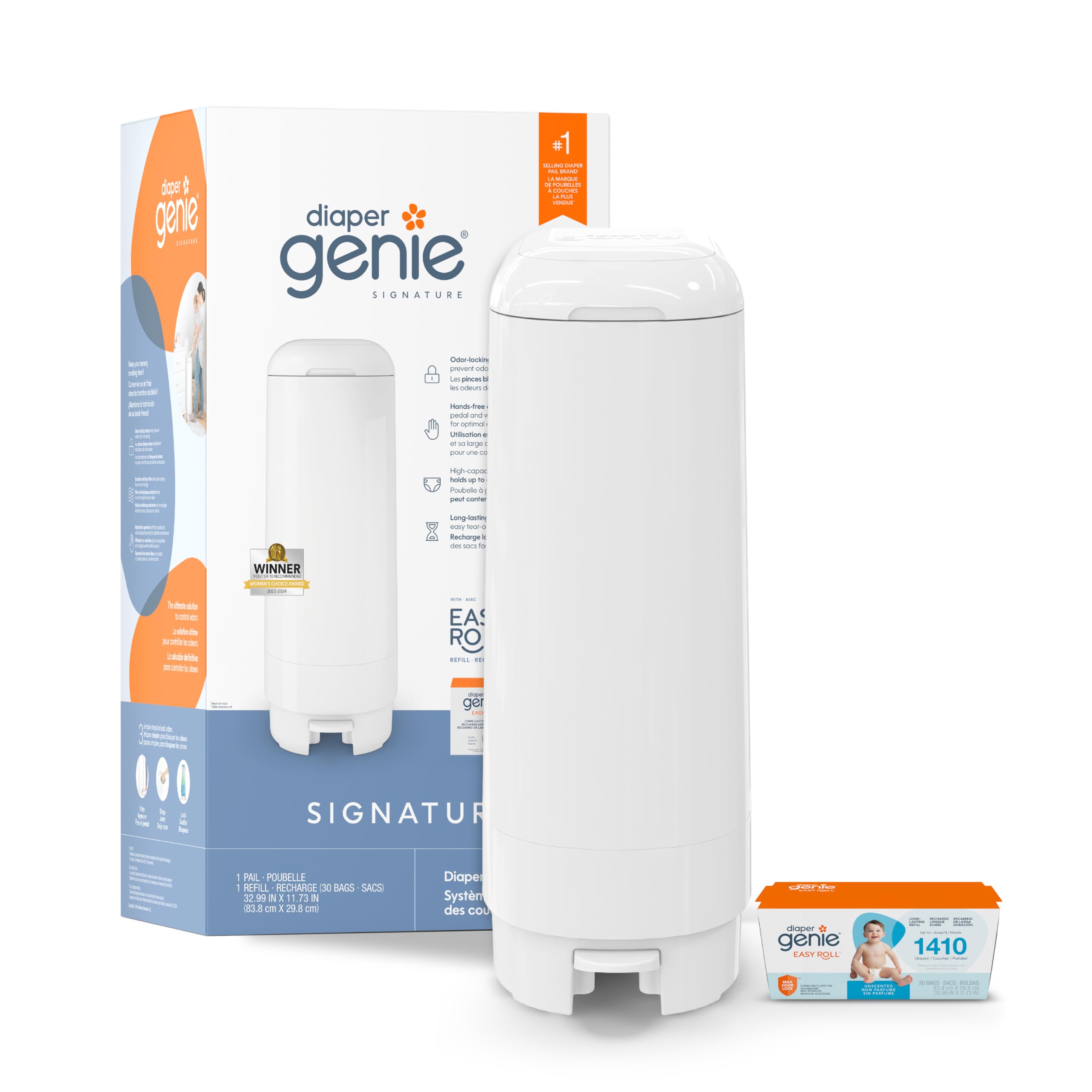 Diaper Genie Signature Diaper Pail, Easy Roll Refill, 30 Bags, White | Hands-fre