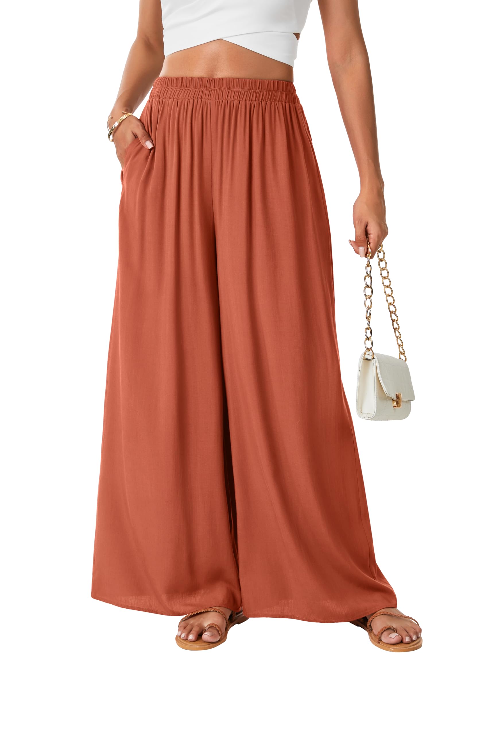Rooscier Women's Wide Leg Elastic High Waist Flowy Lounge Trousers Maxi Pants wi