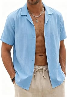 Halfword Men's Linen Short Sleeve Summer Cotton Shirt Casual Buttons Plain