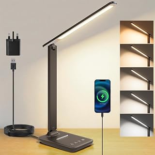 UPXNBOR LED Desk Lamp, Eye-Caring Table Lamp for Home Office & Reading | Dimmable Bedside Lamp With USB-A Charging Port, 5 Colour Modes & 5 Brightness Levels, Touch Control & Foldable Design, Black