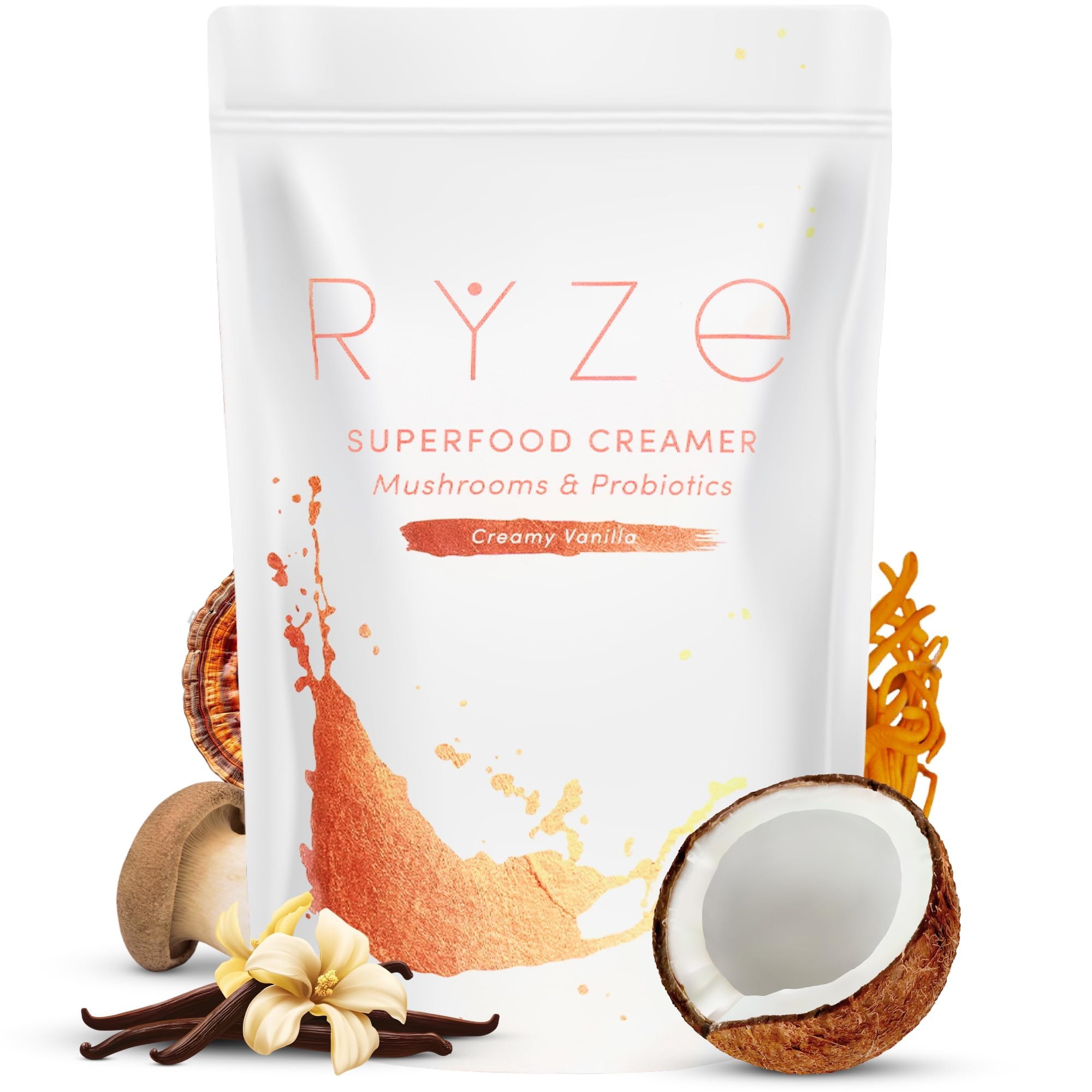 RYZE Mushroom Coffee Creamer with Probiotics & 6 Mushrooms, 30 Servings | 6 Orga