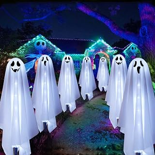 Homeleo Set of 6 Solar Ghost Stake Lights, Halloween Decorations Outdoor, Scary Spooky Garden Patio Grave Lawn Porch Pathway Lights for Outside Yard Trick or Treat Halloween Party Decor Cool White