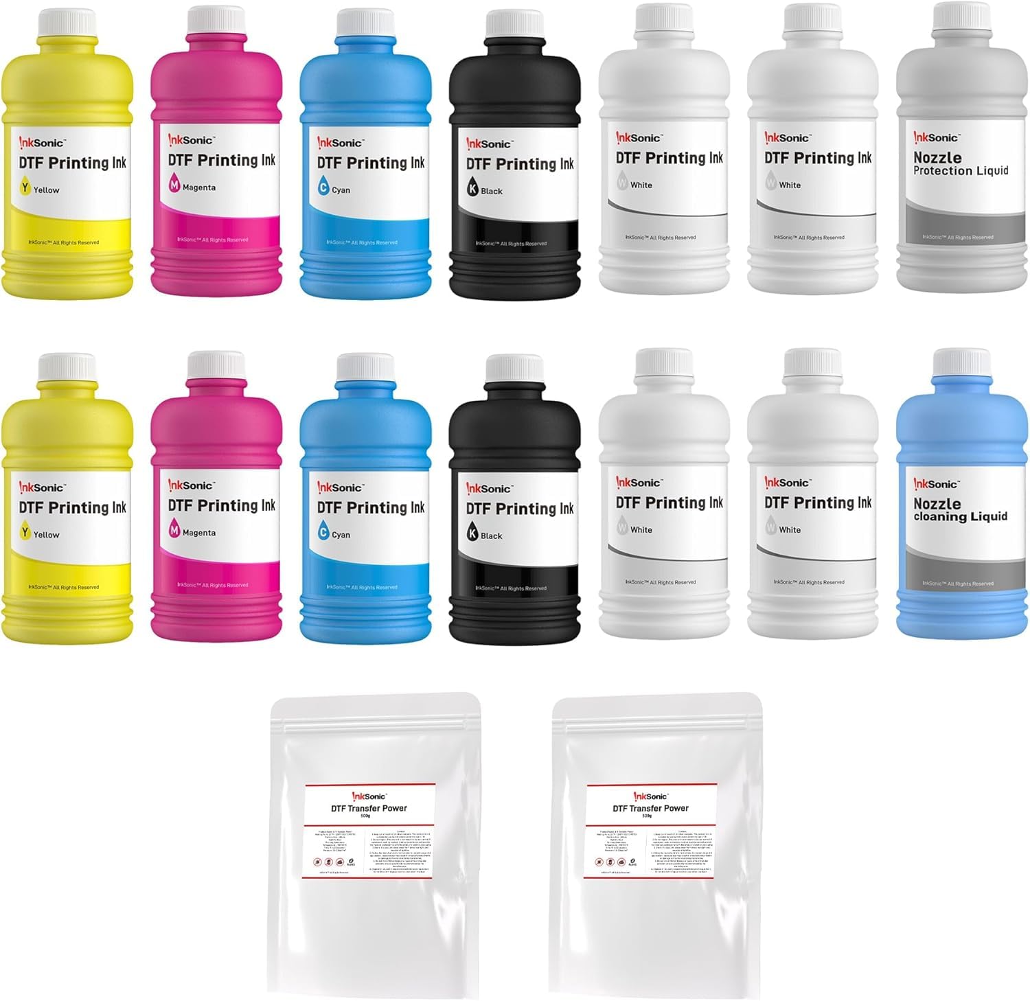 InkSonic Premium DTF Ink & Powder Refill Kit, 12 x 250mL CMYKWW, 1kg Powder | In