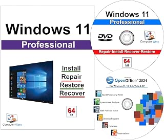 Computer Werx Compatible with/Replacement for Windows 11 Professional 64 Bit install, repair, recover & restore DVD with Key plus Open Office 2024