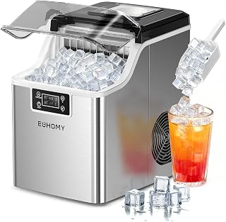 EUHOMY Ice Cube Maker Machine Countertop, 45Lbs/Day, 24Pcs in 13 Mins | 2 Ways to Add Water, Self-Cleaning Square Ice Maker with Scoop & Basket, for Home/Kitchen/Office/Bar, Silver