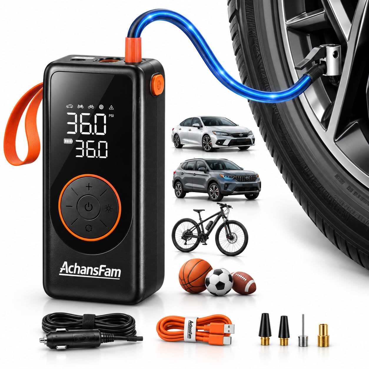 Achansfam Portable Air Compressor, 48s Fast Inflation, Cordless with Dual Power 
