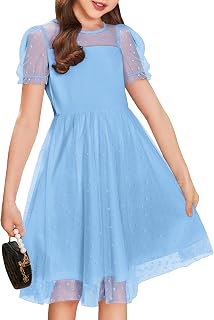 Arshiner Girls Dress Contrast Mesh Puffy Short Sleeve A Line Casual Party Dress 3-12 Years