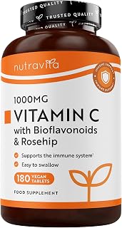 Nutravita Vitamin C 1000mg Tablets - 180 1000mg Vitamin C Tablets, 6 Months | High Strength Ascorbic Acid - Bioflavonoids & Rosehip - Immune Support - Vegan - not Capsules or Powder - Made in UK