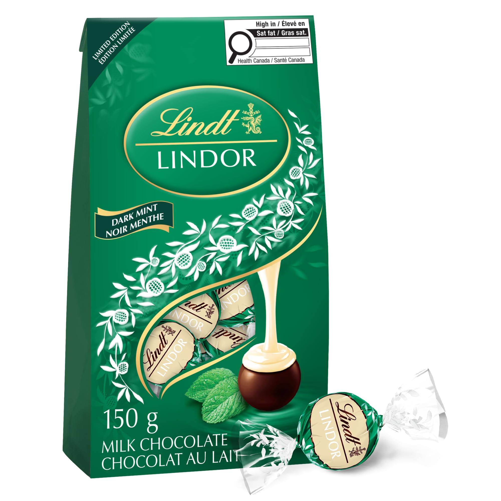 Lindt LINDOR Mint Dark Chocolate Truffles, 150-Gram Bag, Perfect for Christmas, 