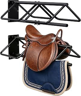 2 Pcs Saddle Rack Wall Mount with Saddle Pad Bar, 120-lb Capacity Heavy Duty Steel Horse Saddle Stand, Blanket Holder Tack Storage for Western English Saddles, Tack Room Barn Organizer, Black