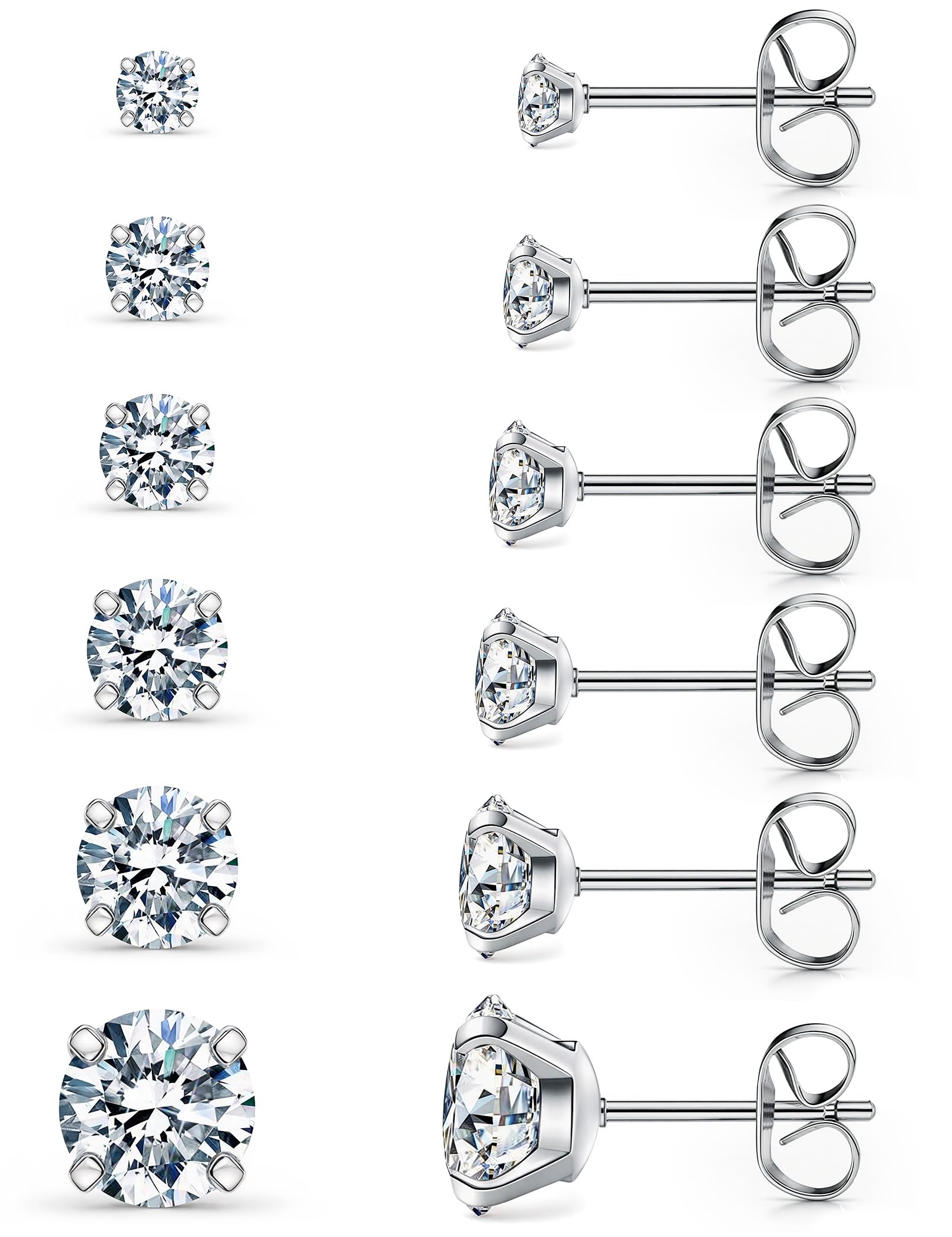 6 Pairs Stud Earrings Set, Hypoallergenic Cubic Zirconia 316L Earrings Stainless