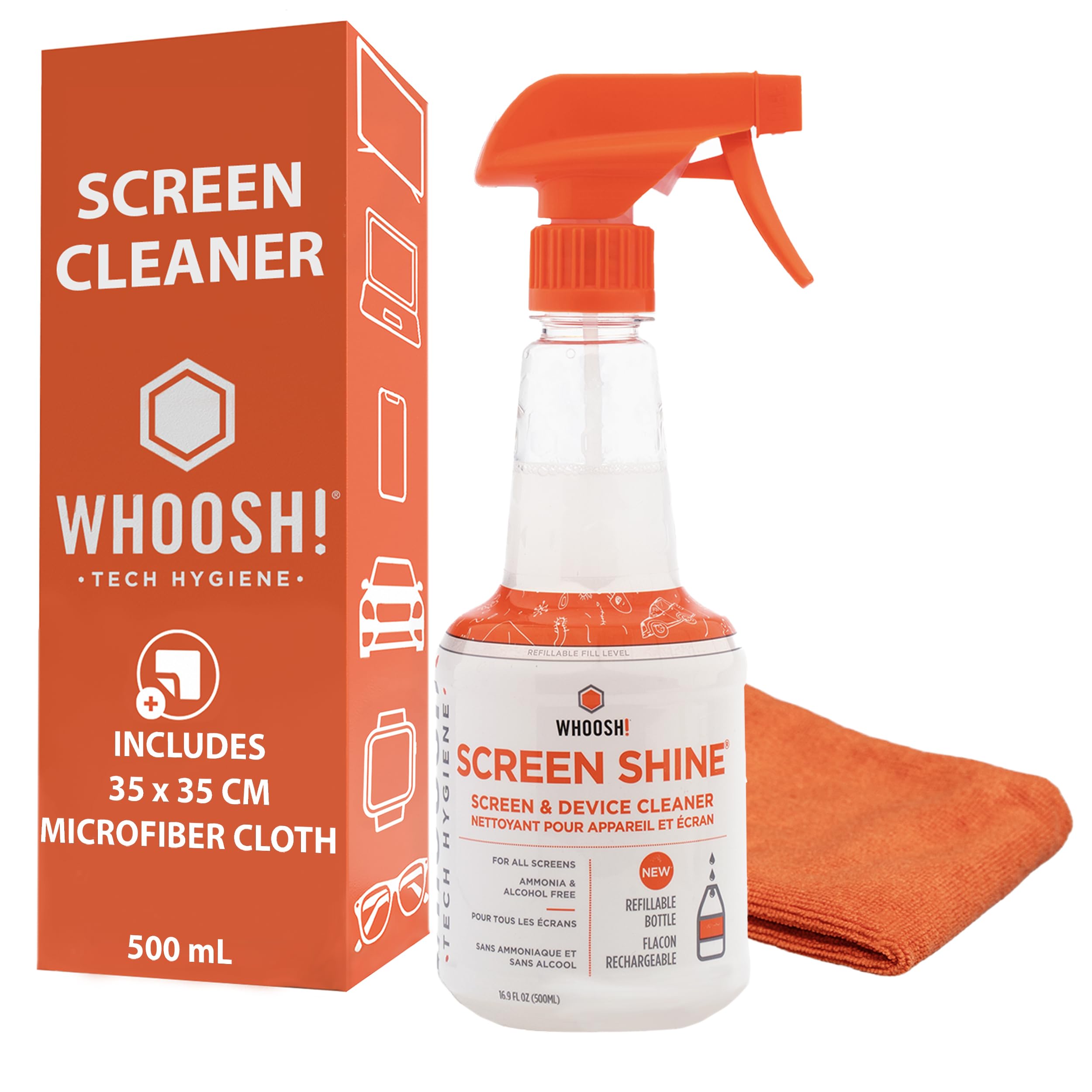 WHOOSH Screen Shine Pro Cleaner Kit, 500 ml | 500 ml Refillable Spray, 37x37 cm 