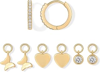 PAVOI 14K Gold Plated Hoop Earrings for Women - Mix and Match Hoop Earrings with Charm Set - Delicate Cubic Zirconia Heart Pendant