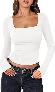 ANRABESS Women Double Lined Long Sleeve Crop Tops Shirts Square Neck Tight Fitted Going Out T-Shirt Basic Tee Outfits 2026