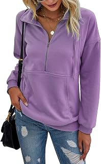 PRETTYGARDEN Casual Zipper Sweatshirt Long Sleeve Women Drawstring Loose Quarter Zip Pullover Tops with Pockets