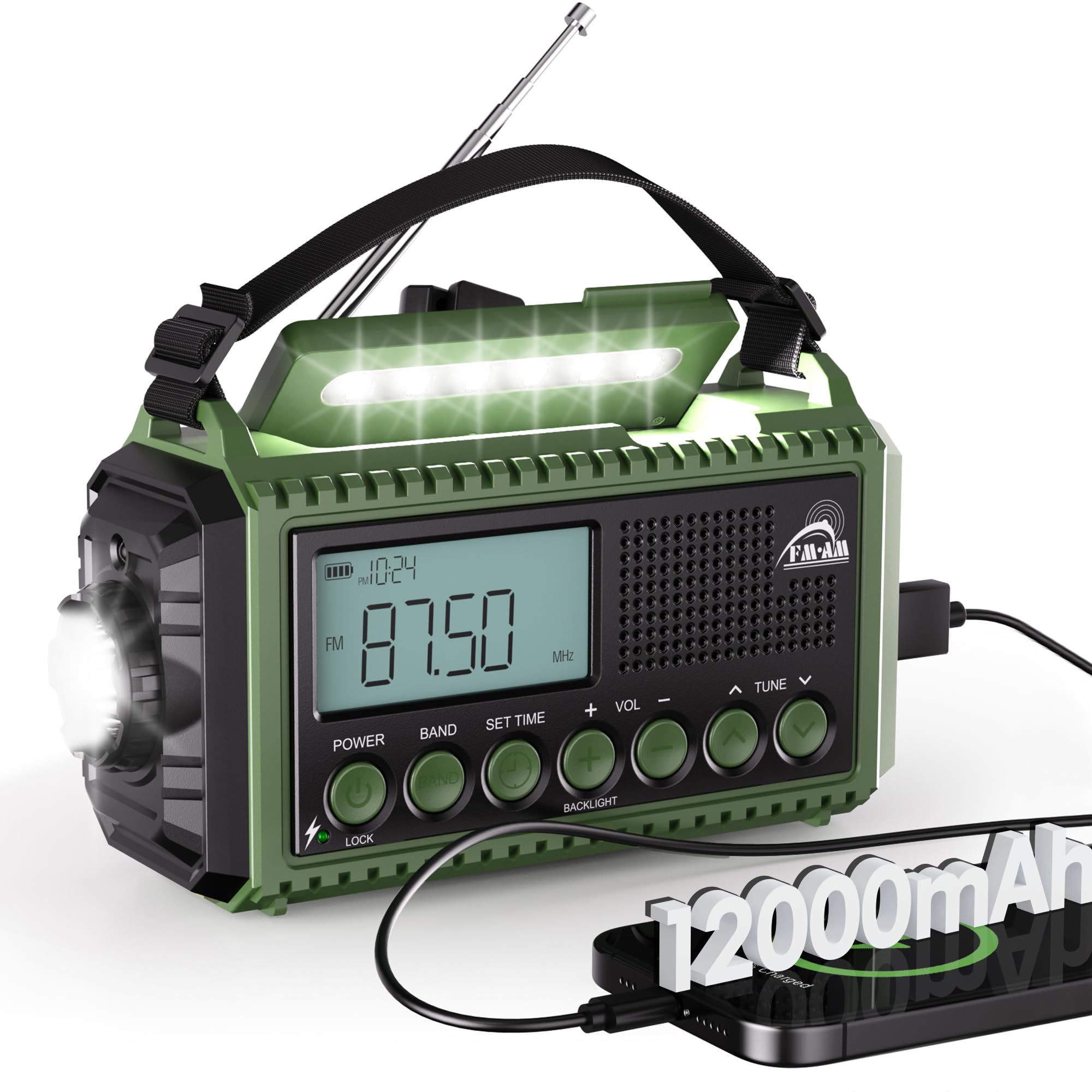 AM/FM/SW Crank Radio with 12000 mAh Battery, Rechargeable, Portable Camping Radi