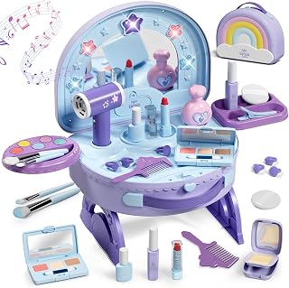 Lehoo Castle Toy Vanity with Makeup Set for Girls, Portable Makeup Kit | 2 in 1 Girls Vanity Table with Lights & Music, Real Working Hairdryer, Pretend Play Dressing Up Toys Gifts for Girls 3 4 5