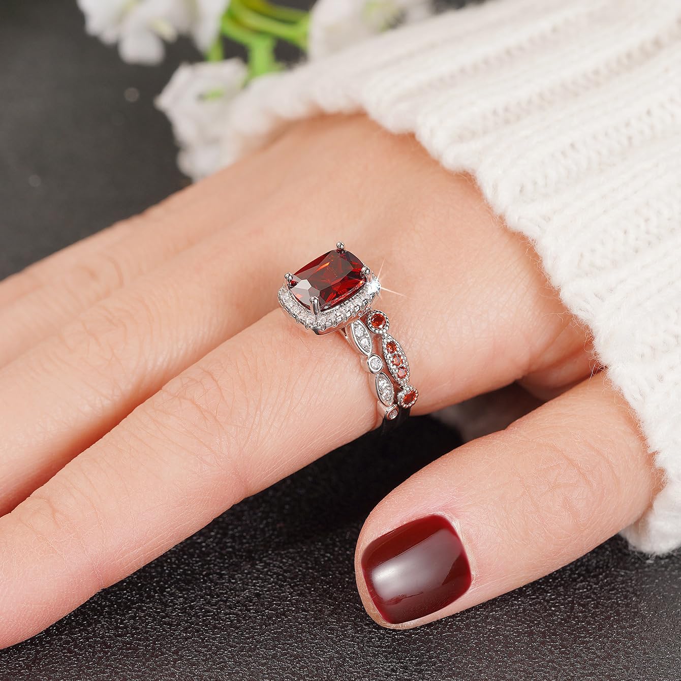 Gziweuwi Women's Vintage 2 Piece Ring Set Baroque Elegant Square Marquise D