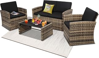 KROFEM 4 Piece Patio Furniture Set, Outdoor Wicker Conversation Set | Washable Cushions, 2 Armchairs + Loveseat Sofa + Coffee Table, Rustproof Steel Frame, Black