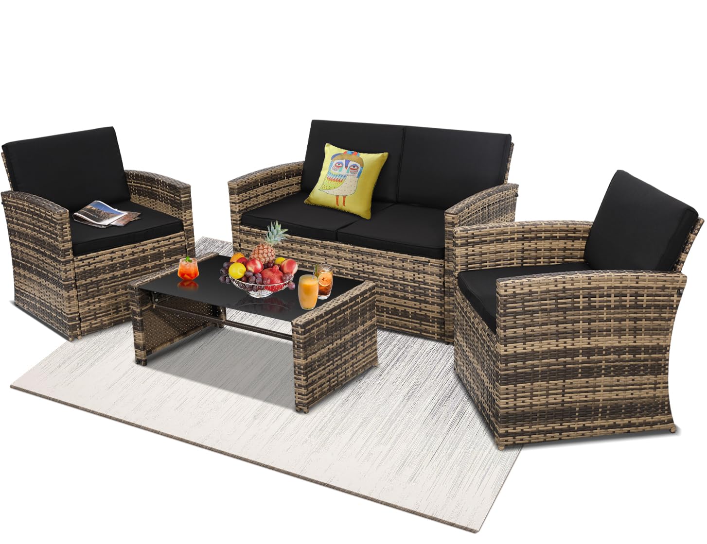 KROFEM 4 Piece Patio Furniture Set, Outdoor Wicker Conversation Set | Washable C