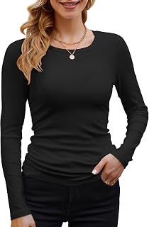 DUOEASE Long Sleeve Women's Round Neck Pullover Elegant Long Sleeve Tops Ribbed Shirt T-Shirts Basic Tops
