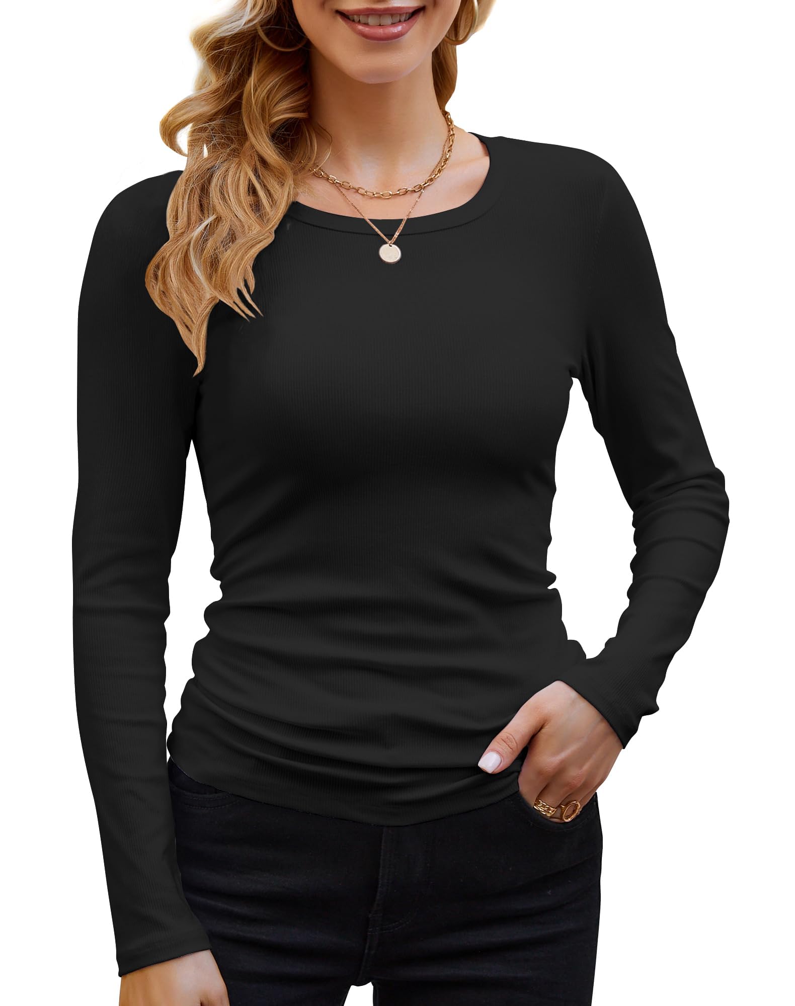 DUOEASE Long Sleeve Women's Round Neck Pullover Elegant Long Sleeve Tops Ribbed 