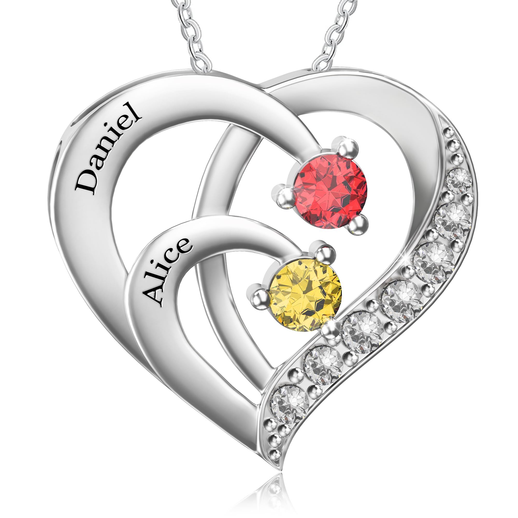 Easycosy Personalised Name Necklace with Birthstones – Mother's Day Gift – Engraved Name Necklace Heart Pendant Jewellery Personalised Birthday Gift Mum Grandma Wife
