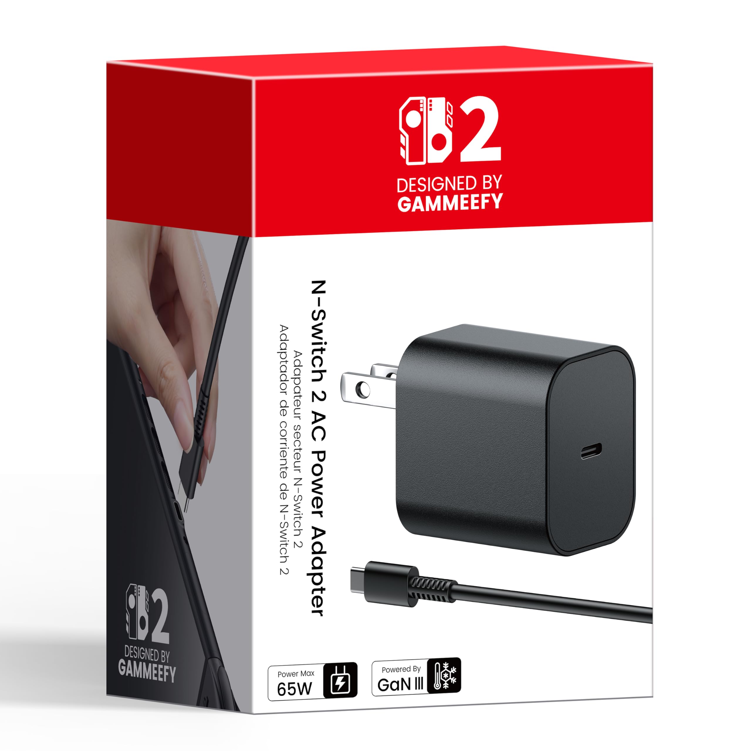 65W Switch 2 Charger with 6.6FT(2M) Cable - GaN3 AC Power Adapter for Nintendo S