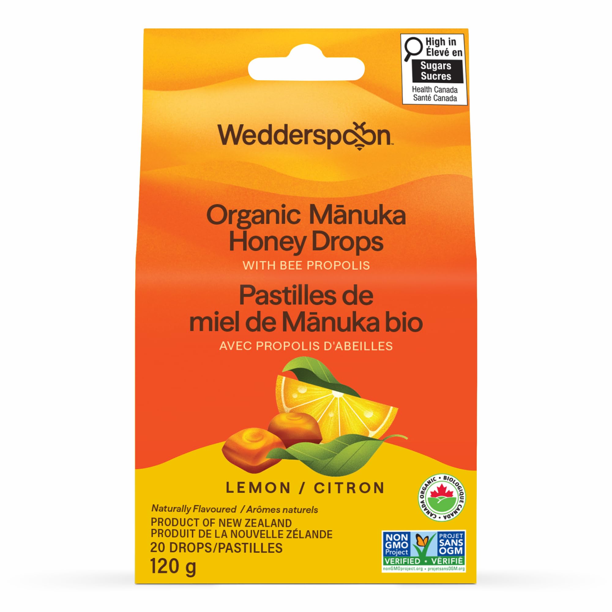 Wedderspoon Organic Manuka Honey Drops, Lemon & Bee Propolis, 20 Count (Pack of 
