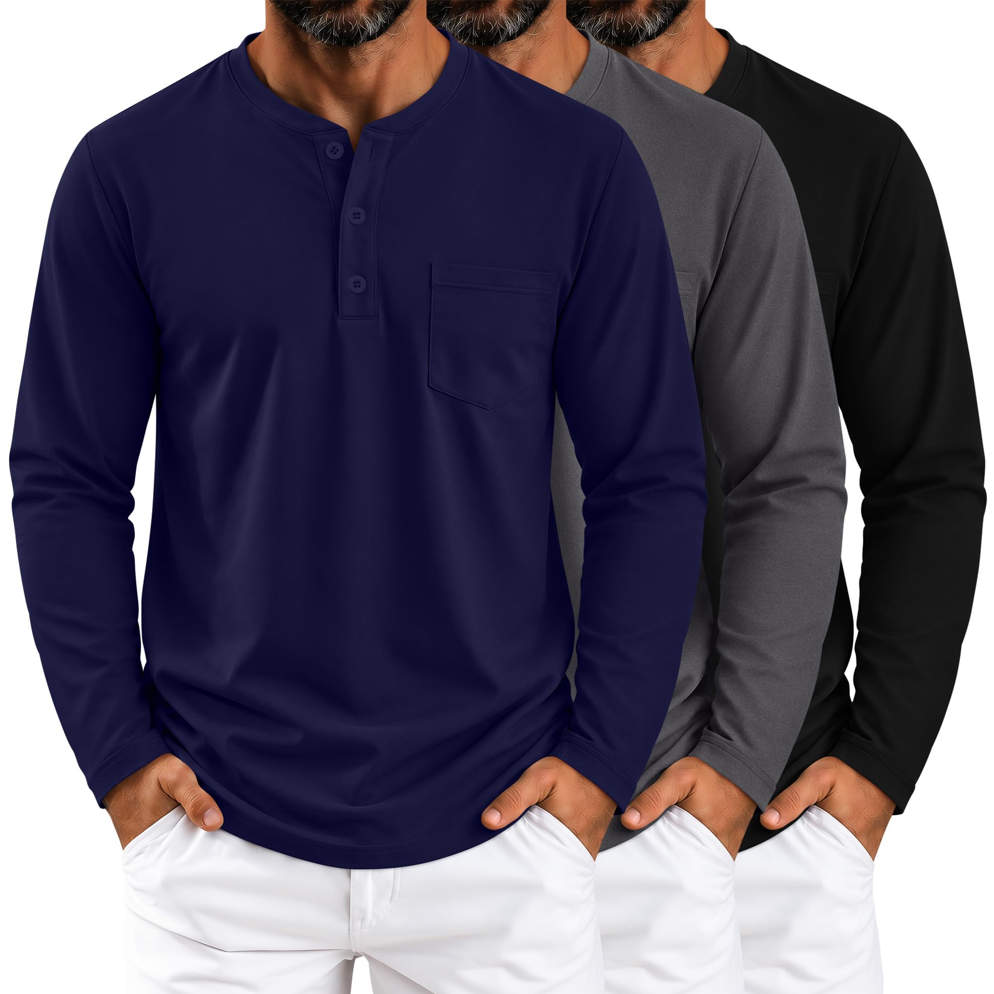 Neer 3 Pack Men's Big and Tall Henley Shirts Long Sleeve Tops