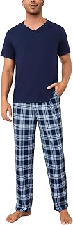 Bresdk Men's Long Pyjamas Long Sleeve Checked Pyjamas for Men Cotton Pijamas Winter Pyjama Bottoms Two Piece Set Comfortable Home Wear