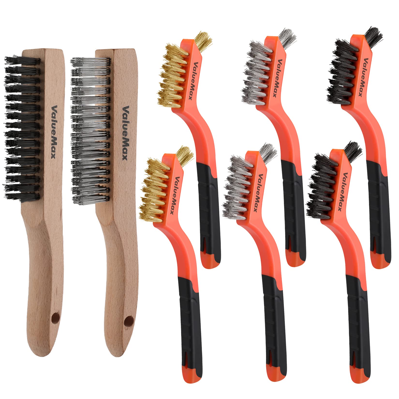 ValueMax 8PC Wire Brush Set with Beechwood Handle | Stainless Steel/Brass/Nylon 