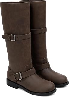 QIY Double Buckle Knee High Boots for Women Vintage Flat Riding Tall Boots