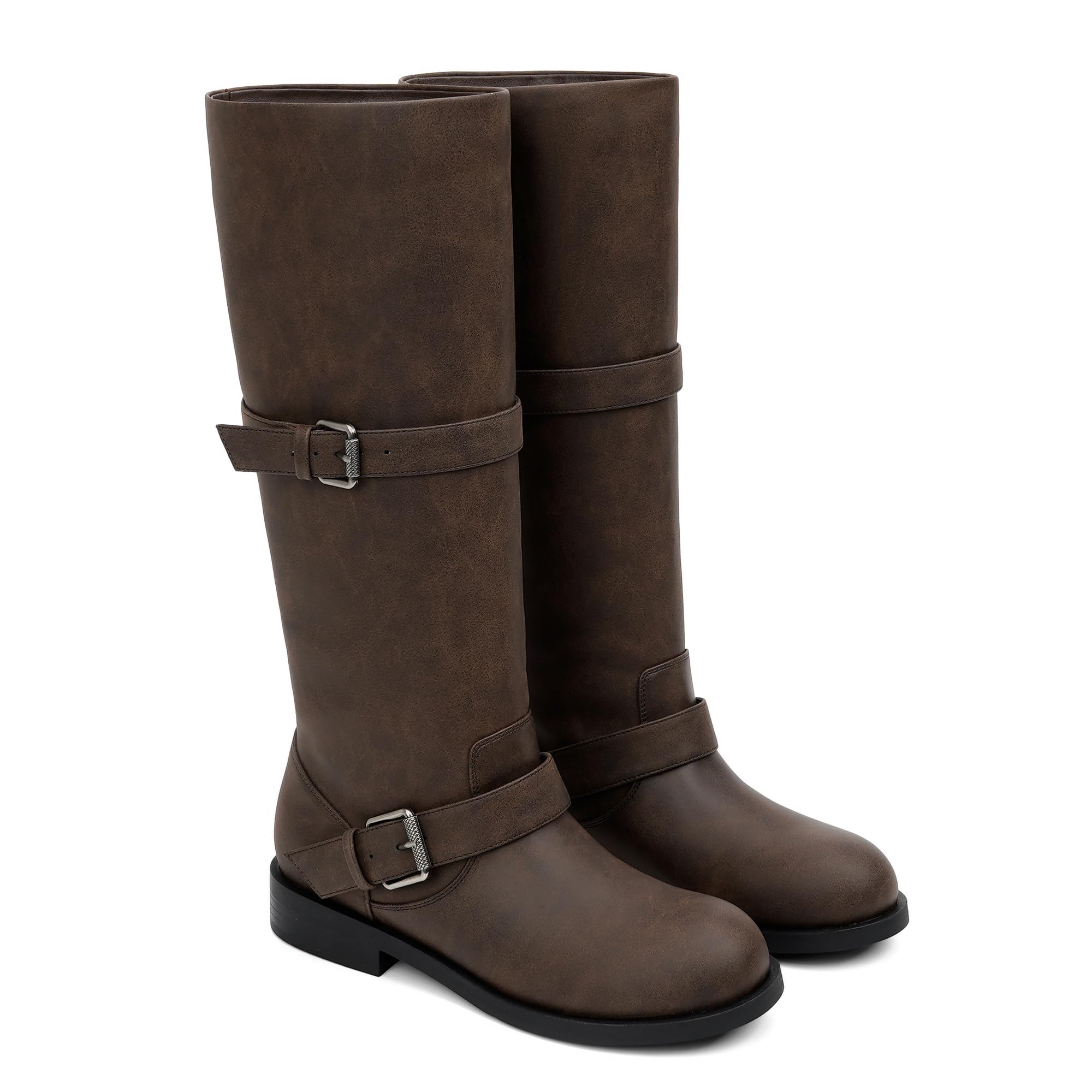 QIY Double Buckle Knee High Boots for Women Vintage Flat Riding Tall Boots