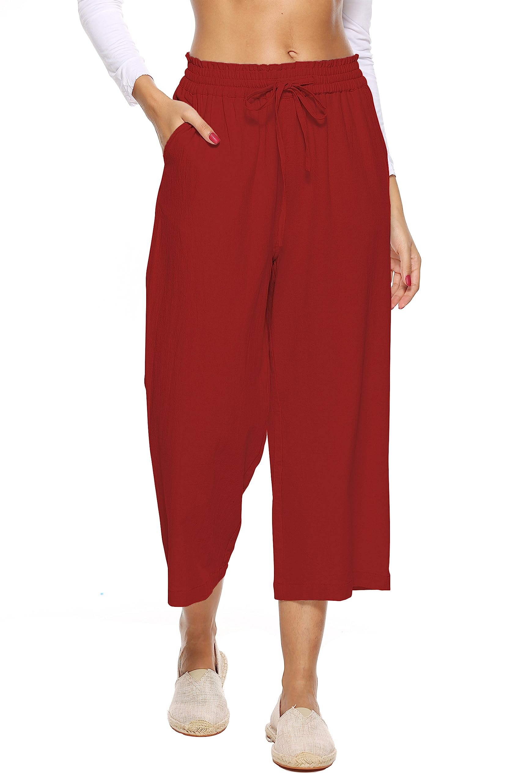 LNX Womens Linen Pants High Waisted Wide Leg Drawstring Casual Loose Trousers wi