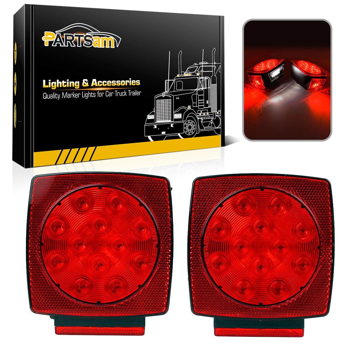 Partsam 12V Waterproof Square Led Trailer Light, Red LED Stop Turn Tail License 