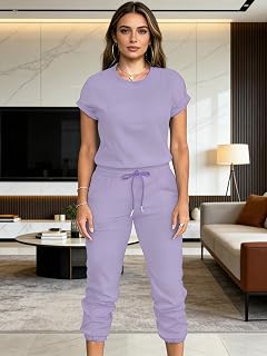 Women's Casual 2 Piece Outfits Round Neck Short Sleeve Pocket Jogger Pants Set