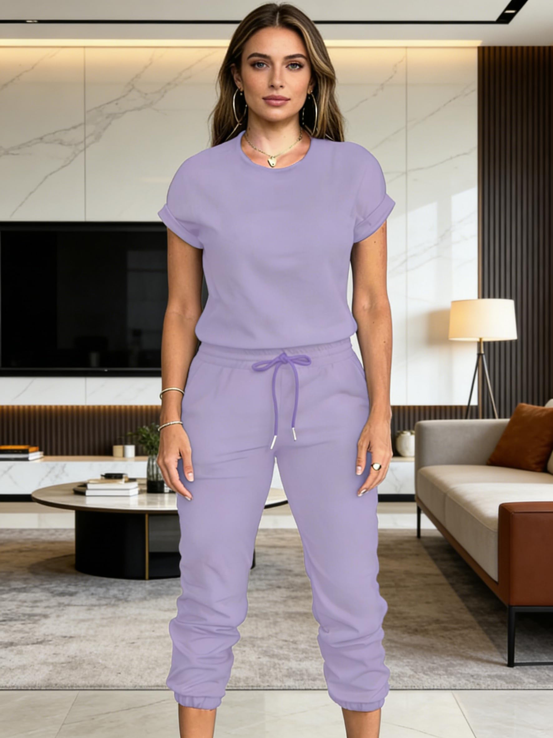 Women's Casual 2 Piece Outfits Round Neck Short Sleeve Pocket Jogger Pants Set