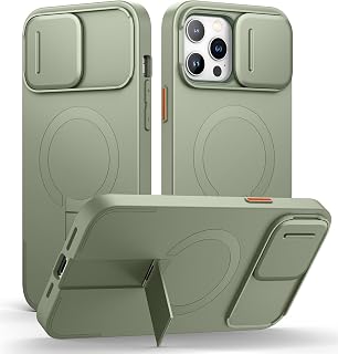 SURITCH Magnetic Case Compatible with iPhone 12 Pro Max/13 Pro MAX, Protective Shockproof Bumper Case with Slide Camera Cover and Adjustable Stand(Green)