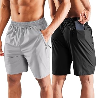 MIER Pantalones cortos de running de secado rápido para hombre con bolsillo con cremallera, cintura elástica, pantalones cortos de fitness, 7 pulgadas