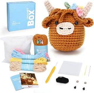 CrochetBox Brown Highland Cow Crochet Kit for Beginners, Craft for Adults | 30% Extra Yarn, Pre-Started First Round, Step-by-Step Video, PDF Guide, Printed Instructions, Hook, Safety Eyes, Teen Gift